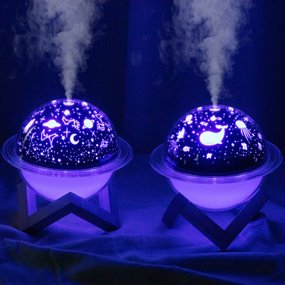 Christmas style planet light air purifier and humidifier, glowing green with festive projections on a wooden stand. - Image 2