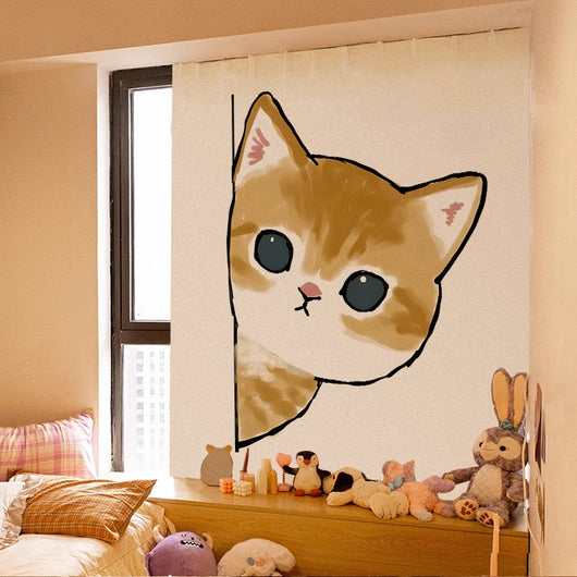 Cute cartoon curtain featuring a grey tabby kitten riding on a brown Shiba Inu puppy, with punch-free Velcro installation. - Image 13