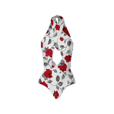 White one-piece swimsuit with red rose print and matching sarong skirt with red tie waist. - Image 10