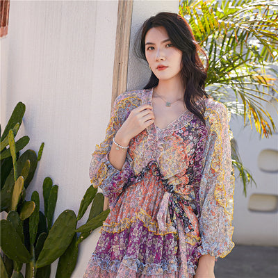 Vestido Largo Floral con Cintura Ajustada y Mangas Farol - Image 7