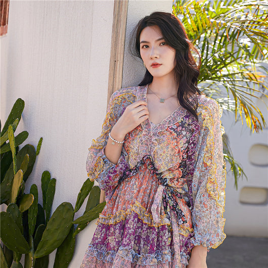 Vestido Largo Floral con Cintura Ajustada y Mangas Farol - Image 7