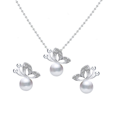 Conjunto de Aretes y Collar con Mariposa de Perla y Diamantes Completos - Image 7