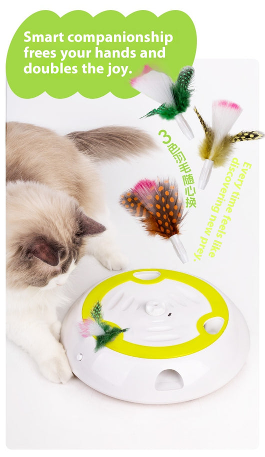 Electric cat toy with white and lime green base, feather attachment, and two replacement feather heads. - Image 16
