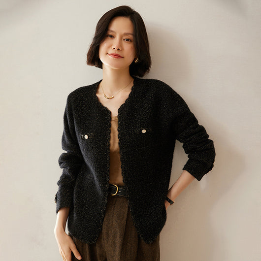 Cardigan de Cachemira Estilo Chanel - Tejido Suelto Cuello Redondo Manga Larga - Image 8