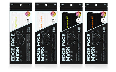 White V-shape face mask with pink ear loops, packaged in a clear and black pouch, size S, by Kalor Cvre. - Image 25