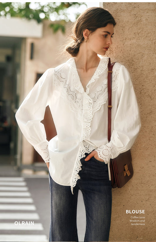 Blusa Blanca de Encaje Estilo Francés con Manga Larga para Mujer - Image 2