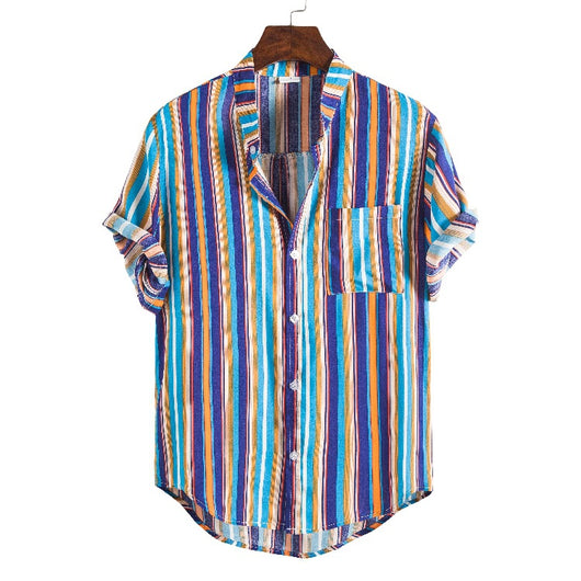 Camisa Casual Hombre Talla Grande Cuello Parado Rayas Manga Corta - Image 6