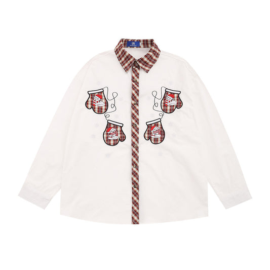 Blusa Navideña Bordada Manga Larga con Solapas Contrastantes