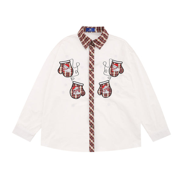 Blusa Navideña Bordada Manga Larga con Solapas Contrastantes