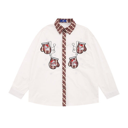 Blusa Navideña Bordada Manga Larga con Solapas Contrastantes