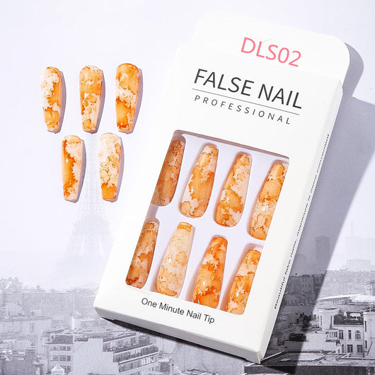 Uñas Postizas Largas con Patrón Mármol y Acabado Brillante Estilo Europeo - Image 3