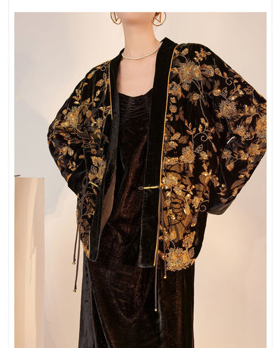 Cardigan Bordado de Lujo Estilo Nacional - Flores Quemadas con Cuentas V-Neck - Image 11