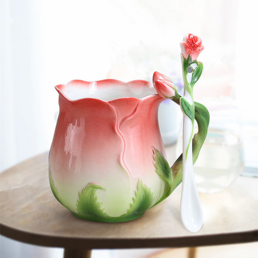 Taza de Cerámica Floral para Café y Té con Diseño Rosa