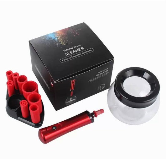 Black electric makeup brush cleaner set with a clear bowl, a handheld device, and a base with multiple brush holders. - Image 6