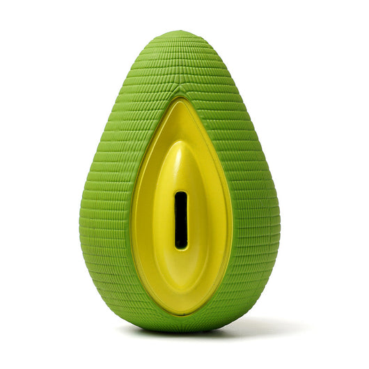 Green and yellow avocado-shaped rubber dog chew toy with a textured surface and a treat dispensing slot. - Image 12