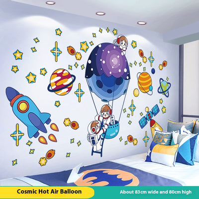 Cartoon astronaut and space station wall stickers with planets, stars, moon, and telescope on a white wall. - Image 6