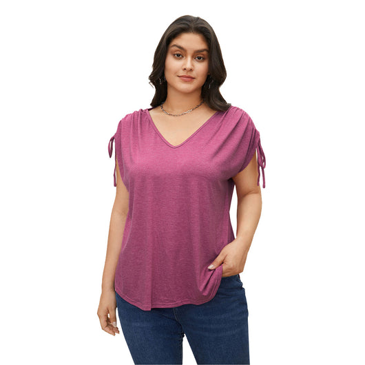 Playera Suelta con Cuello V y Cordón Ajustable - Básico Versátil - Image 5
