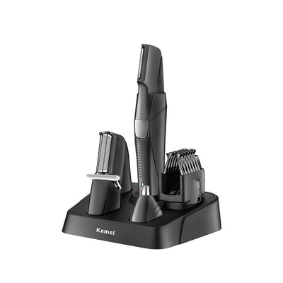 Black Kemei electric hair clipper grooming kit with multiple attachments and charging stand on a white background. - Image 5