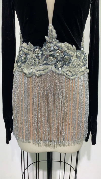 Vestido sin Mangas con Lentejuelas, Cuentas y Flecos - Image 3