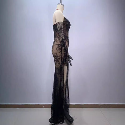 Vestido Largo Ajustado Negro con Encaje y Malla - Diseño Elegante con Abertura - Image 3
