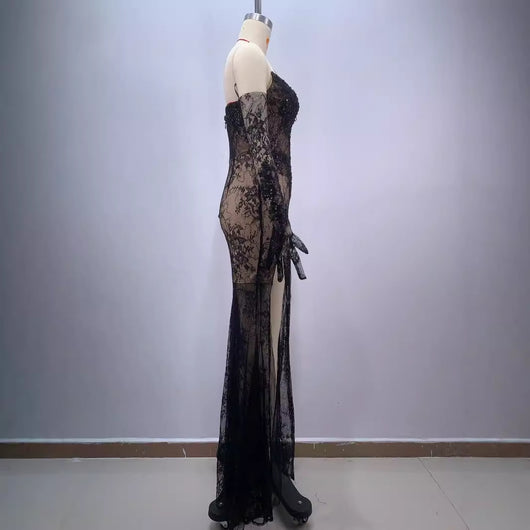 Vestido Largo Ajustado Negro con Encaje y Malla - Diseño Elegante con Abertura - Image 3