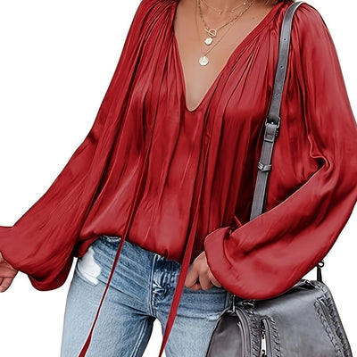 Blusa de Satén con Cuello en V y Mangas Largas para Mujer - Image 10