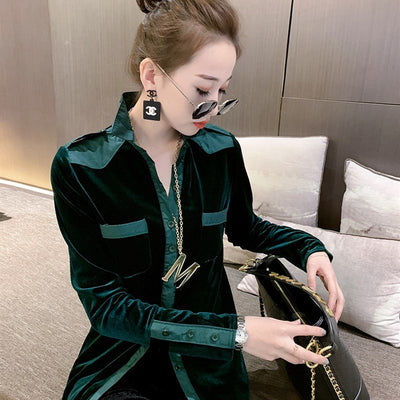 Camisa de Terciopelo Dorado con Costuras Contrastantes - Image 9