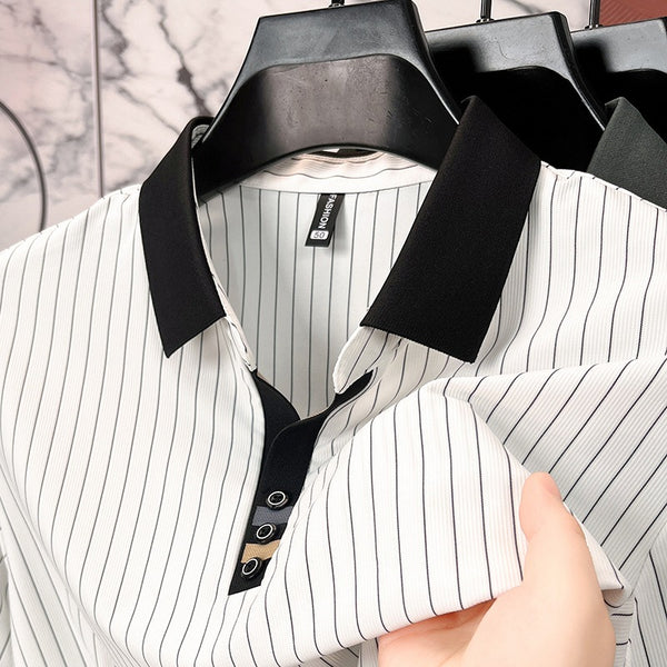 Polo de Seda Helada a Rayas - Camisa Business Casual para Hombre Maduro