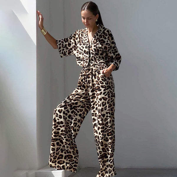 Conjunto Dos Piezas: Blusa Suelta Estampado Leopardo + Pantalón Ancho