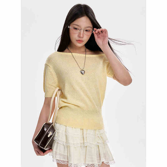Blusa Tejida Escote Frío Manga Corta para Mujer
