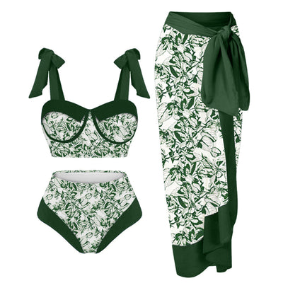 Women's three-piece swimsuit with tropical pomegranate, hibiscus, and bird print bikini and magenta sarong. - Image 8