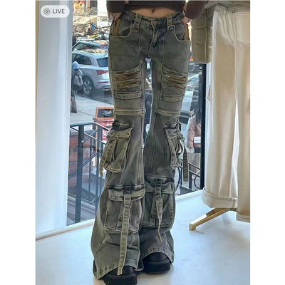 Pantalones Cargo Acampanados Desgastados Multi-bolsillos - Image 2
