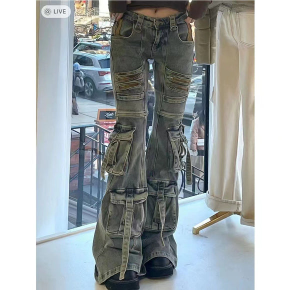 Pantalones Cargo Acampanados Desgastados Multi-bolsillos