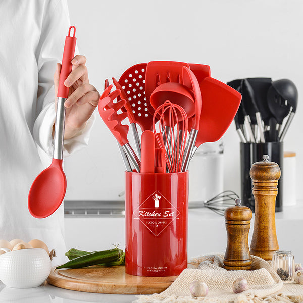 Set de Utensilios de Cocina en Silicona con Mango de Acero Inoxidable