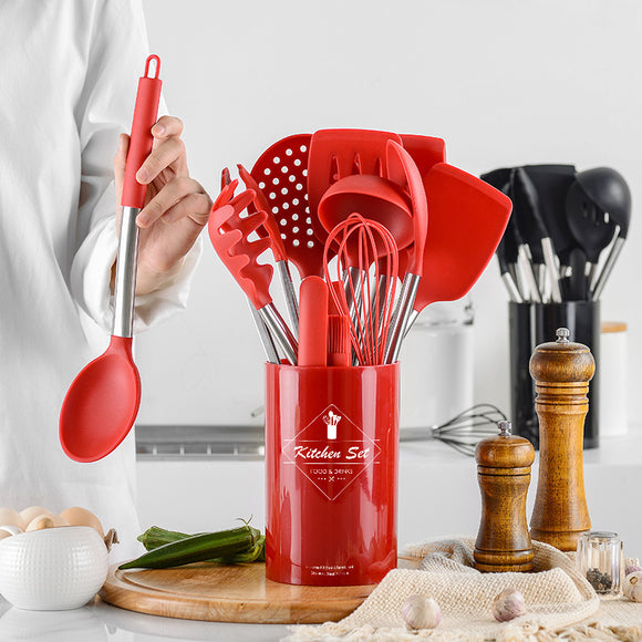 Set de Utensilios de Cocina en Silicona con Mango de Acero Inoxidable