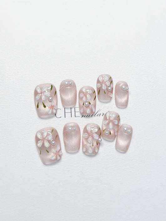 Uñas Postizas de Lujo Perla Floral - Diseño Personalizado Artesanal - Image 3