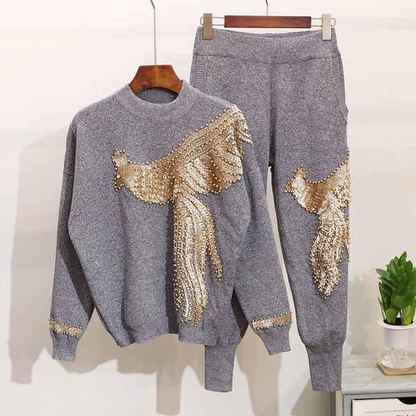 Conjunto Tejido Estilo Occidental con Fénix Bordado para Mujer