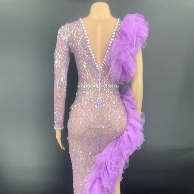Vestido de Gasa Plisado con Manga Asimétrica y Detalle Diamante - Image 4