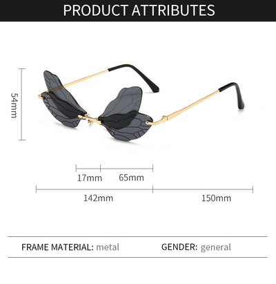 Frameless sunglasses with pink and orange-yellow dragonfly wing-shaped lenses and gold-colored metal temples. - Image 10