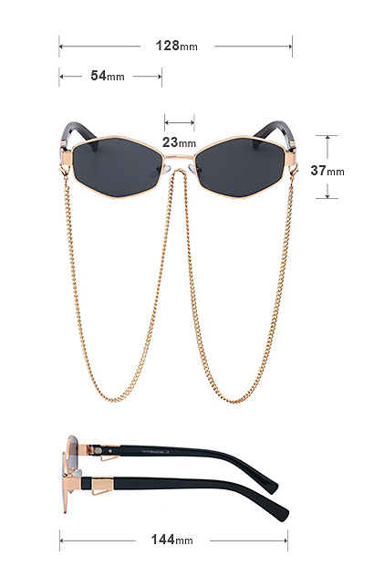 Women's hexagonal sunglasses with dark lenses, gold-colored metal frame, black temples, and a detachable gold chain. - Image 11