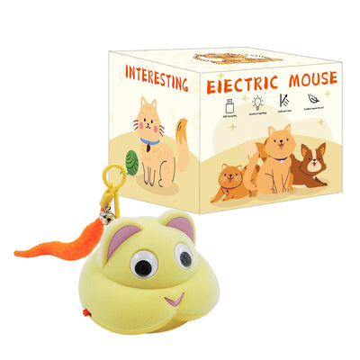 Gray pet toy shaped like a mouse or cat head with googly eyes, pink ears, and a yellow feather with a bell. - Image 5