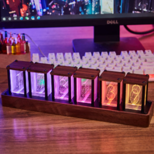 Reloj Despertador Nixie Tube Analógico con Temporizador en Madera de Nogal