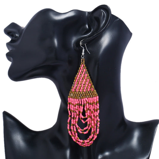 Aretes Bohemios Étnicos con Cuentas de Arroz y Borlas Retro