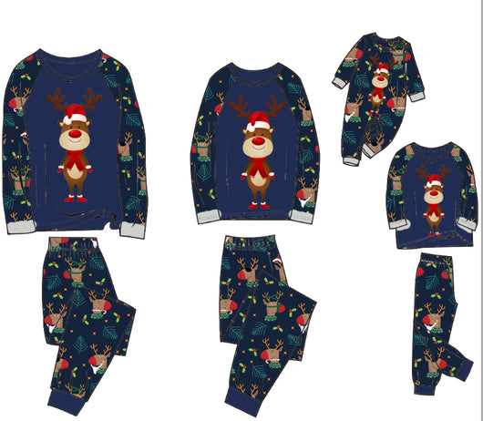 Family Christmas pajamas with a cartoon reindeer wearing a Santa hat and red scarf on a black top, and dark blue pants with a repeating reindeer and holly patte - Image 8