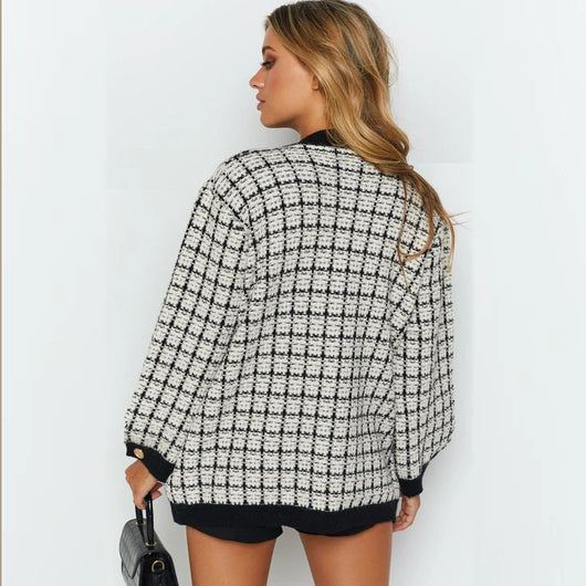 Cardigan Tejido Cuadros Mujer Estilo Elegante Oversize Abrigo Grueso - Image 10