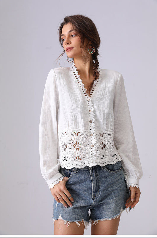 Blusa Suelta de Encaje Hueco Francés para Mujer - Image 13