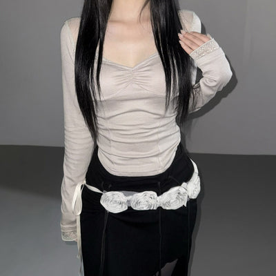 Blusa Elegante de Encaje Transparente con Cuello Cuadrado y Manga Larga - Image 3