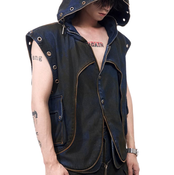 Chaleco Denim Deconstruido con Capucha - Estilo Industrial