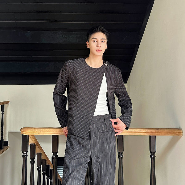 Traje Corto Casual Otoño a Rayas Cuello Redondo Bootcut