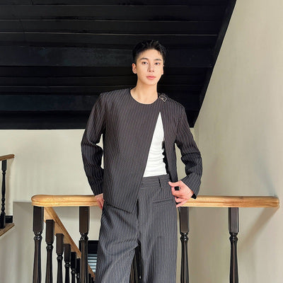 Traje Corto Casual Otoño a Rayas Cuello Redondo Bootcut - Image 2